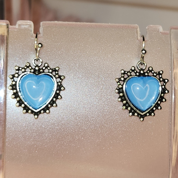 Heart-Shaped Blue & Silvertone Earrings (R87) - Picture 2 of 3